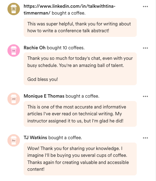 Buy Me a Coffee messages from readers thanking Linda for her writing